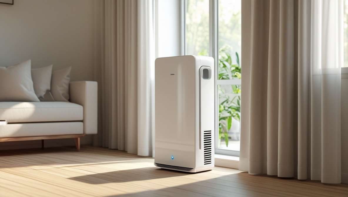 세련된 인테리어의 거실에 제습기 놓여있는 이미지.]