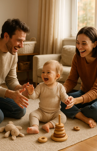 육아휴직 중인 부모가 아이와 함께 집 안에서 시간을 보내는 모습