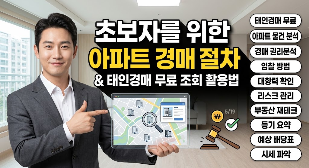정장을 입은 남성이 태블릿 PC를 들고 신뢰감 있는 미소를 지으며 아파트 법원 경매 절차와 태인경매 무료 조회 카피를 안내하는 이미지. 배경은 모던한 거실과 아파트 전경이 어우러져 있으며 우측 하단에 5/19 날짜가 적힌 달력이 보인다.
