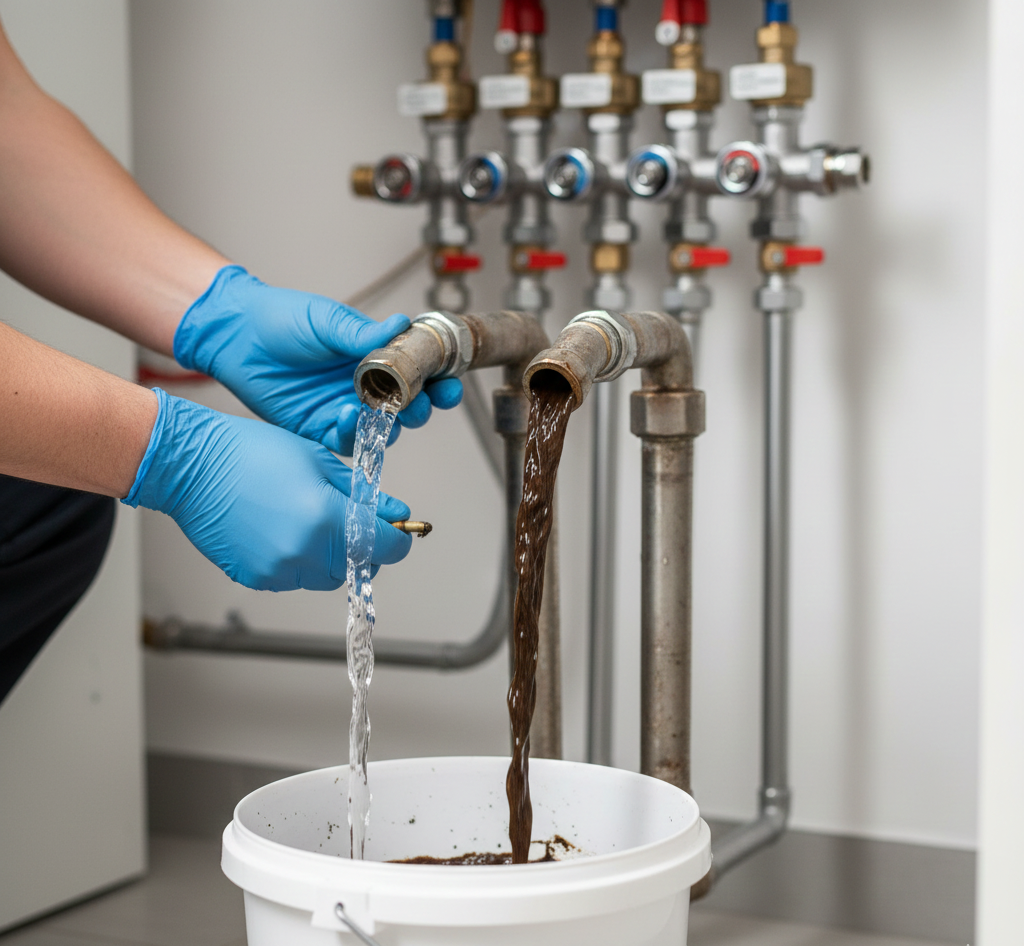 아파트 보일러 배관 청소를 하는 전문 작업자의 손과 난방 분배기. 녹물과 슬러지를 제거하여 난방 효율을 높이고 난방비를 절약하는 과정을 보여준다.