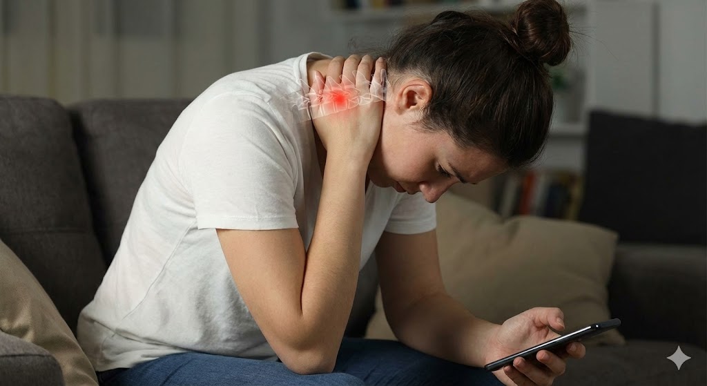 소파에-앉아-고개를-숙이고-스마트폰을-장시간-내려다보며-목-뒤를-잡고-통증을-호소하는-여성의-모습과-경추-부위에-붉게-표시된-통증-그래픽-이미지