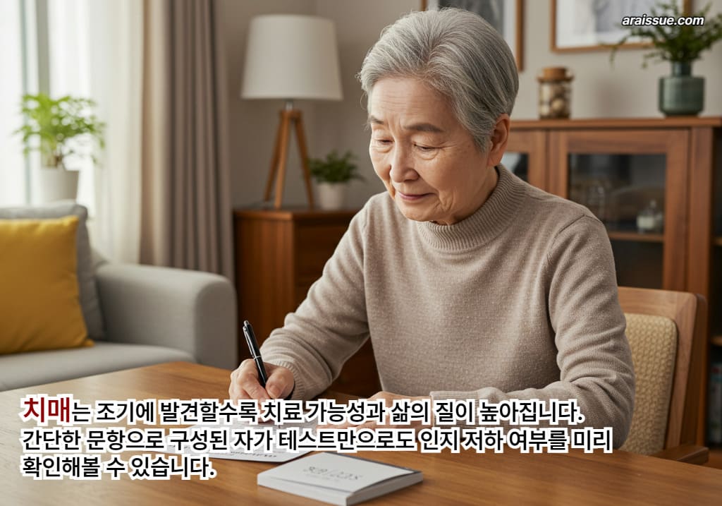 치매는 조기에 발견할수록 치료 가능성과 삶의 질이 높아집니다. 간단한 문항으로 구성된 자가 테스트만으로도 인지 저하 여부를 미리 확인해볼 수 있습니다.
