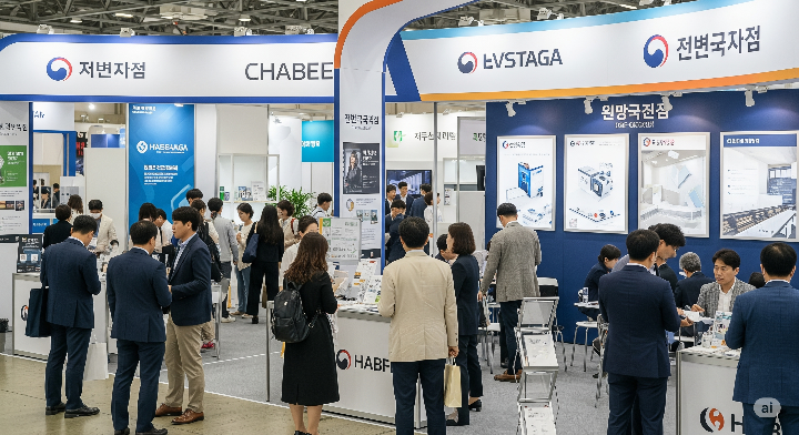 전시회 부스 전경. 다양한 기업 로고와 방문객들이 보인다.