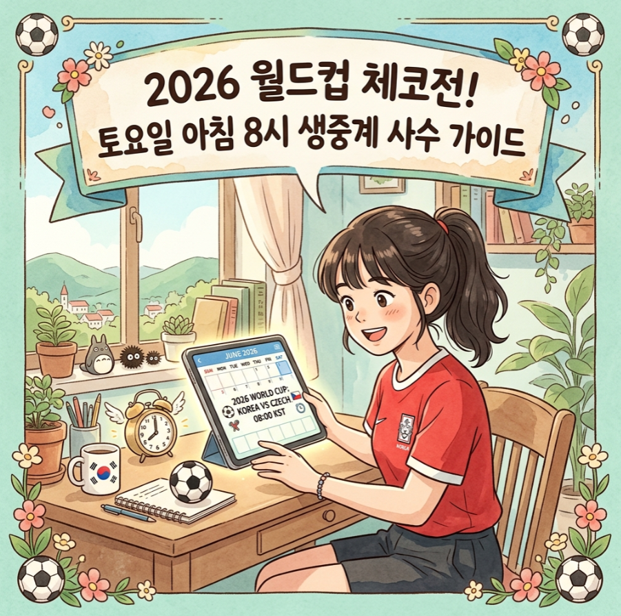 주말 아침 월드컵 대한민국 대 체코 경기 일정을 체크하는 축구 팬 일러스트