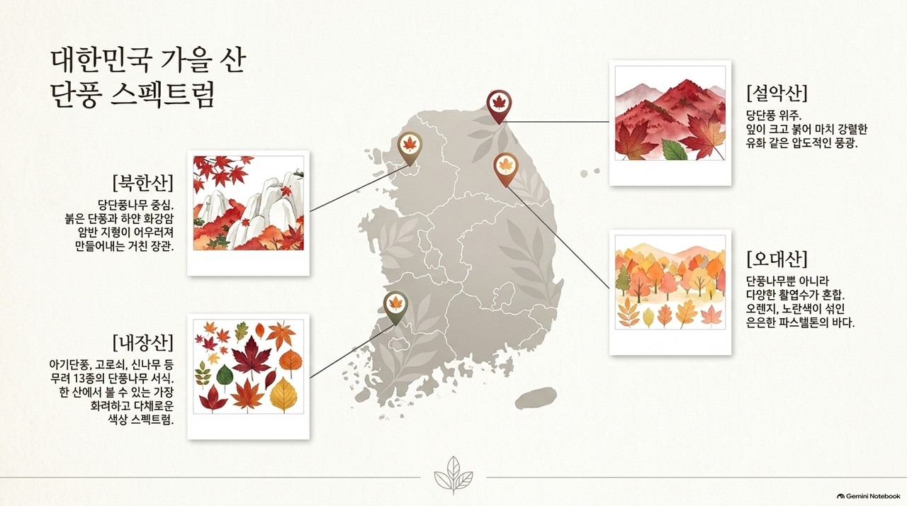 대한민국 산과 지역별 단풍나무 스펙트럼 지도