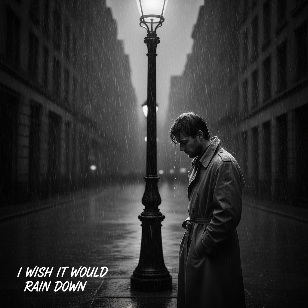 빗속에서 생각에 잠긴 필 콜린스의 모습