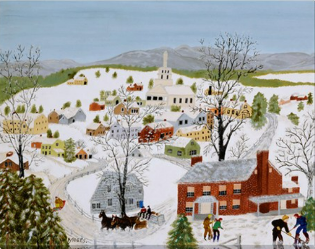 나무 위에 덮인 눈&amp;#44; 마른 땅이 보이지 않는 눈 덮인 땅&amp;#44; 빨간색&amp;#44; 노란색 등등의 외벽으로 보이는 작은 집들의 지붕을 하얗게 덮은 눈&amp;#44; 멀리 하얗게 보이는 교회가 그려진 작품 &amp;#39;Deep Snow&amp;#39;
