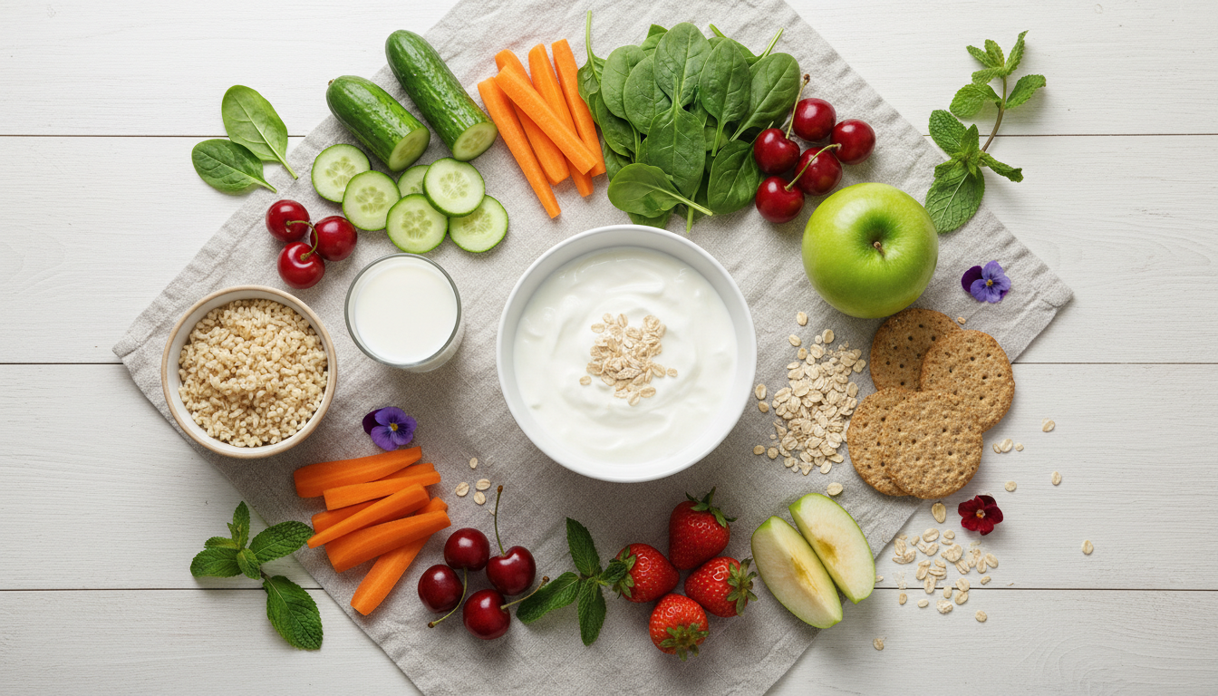 신선한 채소, 과일, 통곡물, 저지방 유제품 등 요산 수치를 낮추는 데 도움이 되는 저퓨린 음식들이 예쁘게 배열된 식단 이미지.