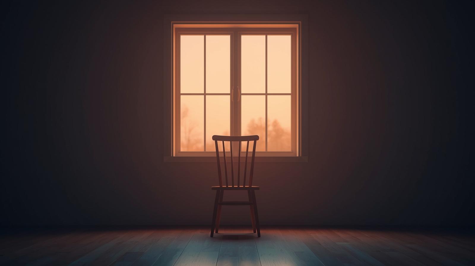햇빛이 들어오는 창가 앞에 놓인 빈 나무 의자