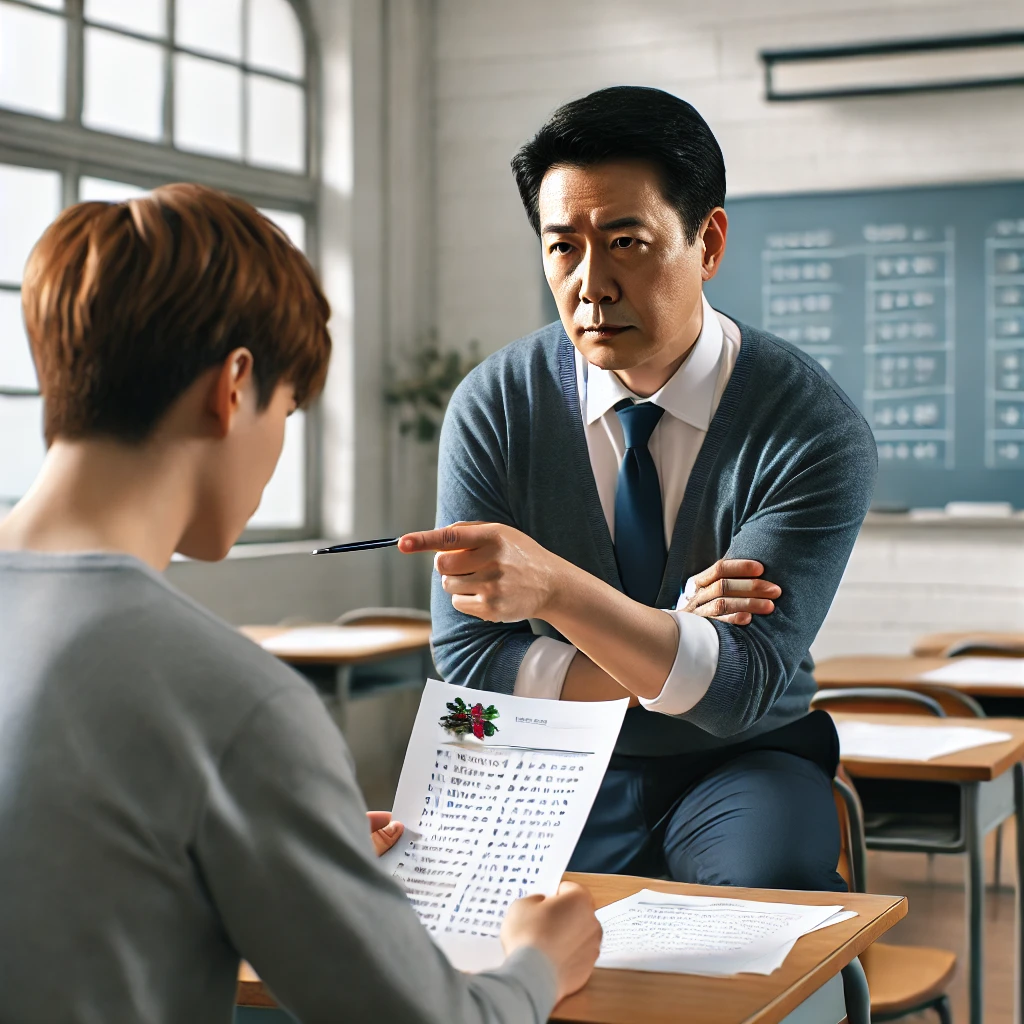 교실에서 학생의 시험지 오류를 지적하며 1대1로 설명하는 중년 남성