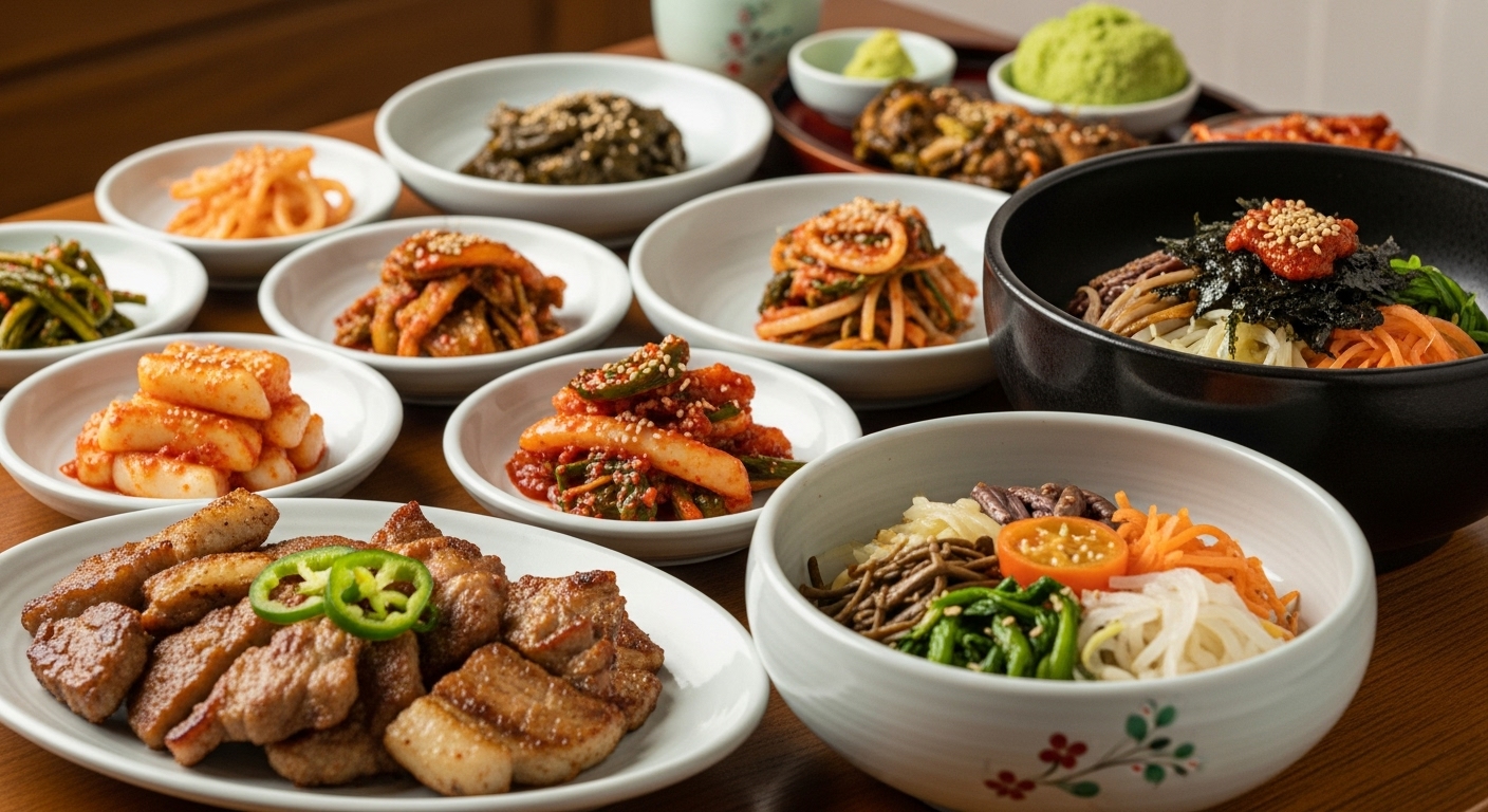 정갈하게 차려진 전주 한정식 상차림, 전주 비빔밥과 떡갈비가 먹음직스럽게 놓여 있다.