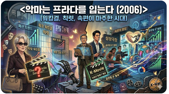 좌측의 '워킹걸, 칙릿' 파트는 영화의 장르적 특징과 성공 요인을, 우측의 '속편이 마주한 시대' 파트는 현대 미디어 환경과 디지털 격변 속에서 속편이 고민해야 할 지점들을 시각화했습니다. 중앙의 인물은 두 시대를 잇는 새로운 세대의 등장과 전략적 변화에 대한 고민을 입체적으로 표현했습니다.