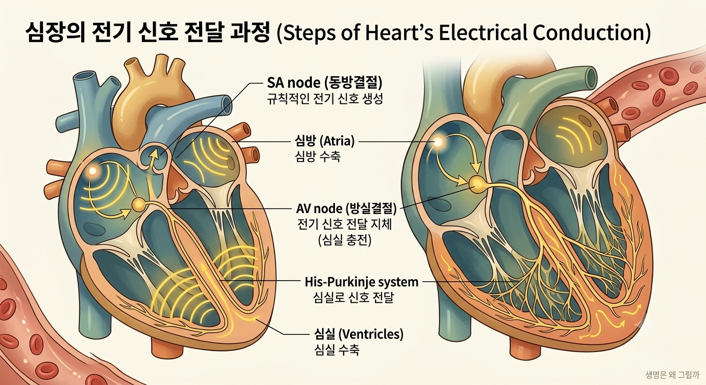 동방결절에서 시작된 전기 신호가 심방 &rarr; 방실결절 &rarr; 심실로 전달되는 심장 전도계
