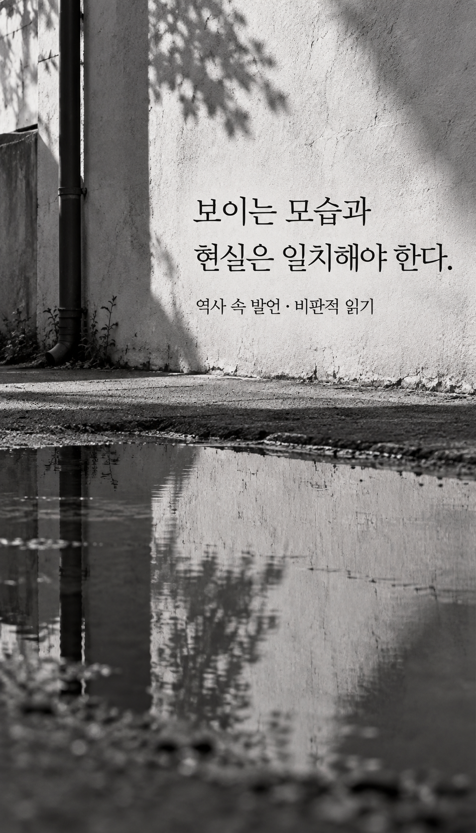 얕은 물웅덩이에 비친 평범한 벽 — 보이는 모습과 현실은 일치해야 한다.