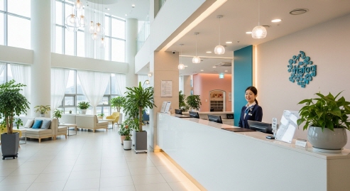 리셉션 데스크와 로비 전경&amp;#44; 한국 호텔&amp;#44; 깔끔하고 현대적인 이미지