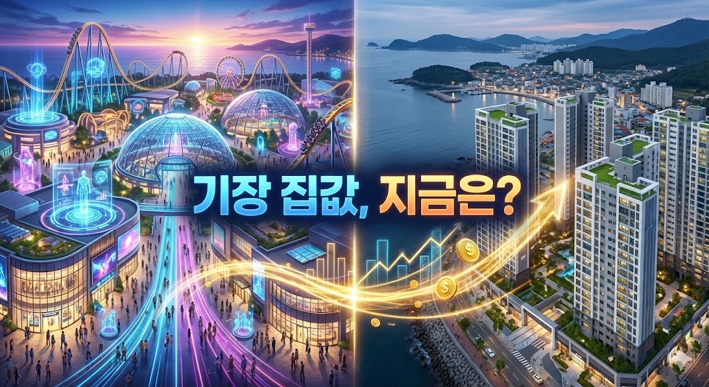 동부산 오시리아 관광단지의 화려한 야경과 기장군 아파트 단지가 연결된 모습, 부동산 가치 상승을 암시하는 일러스트