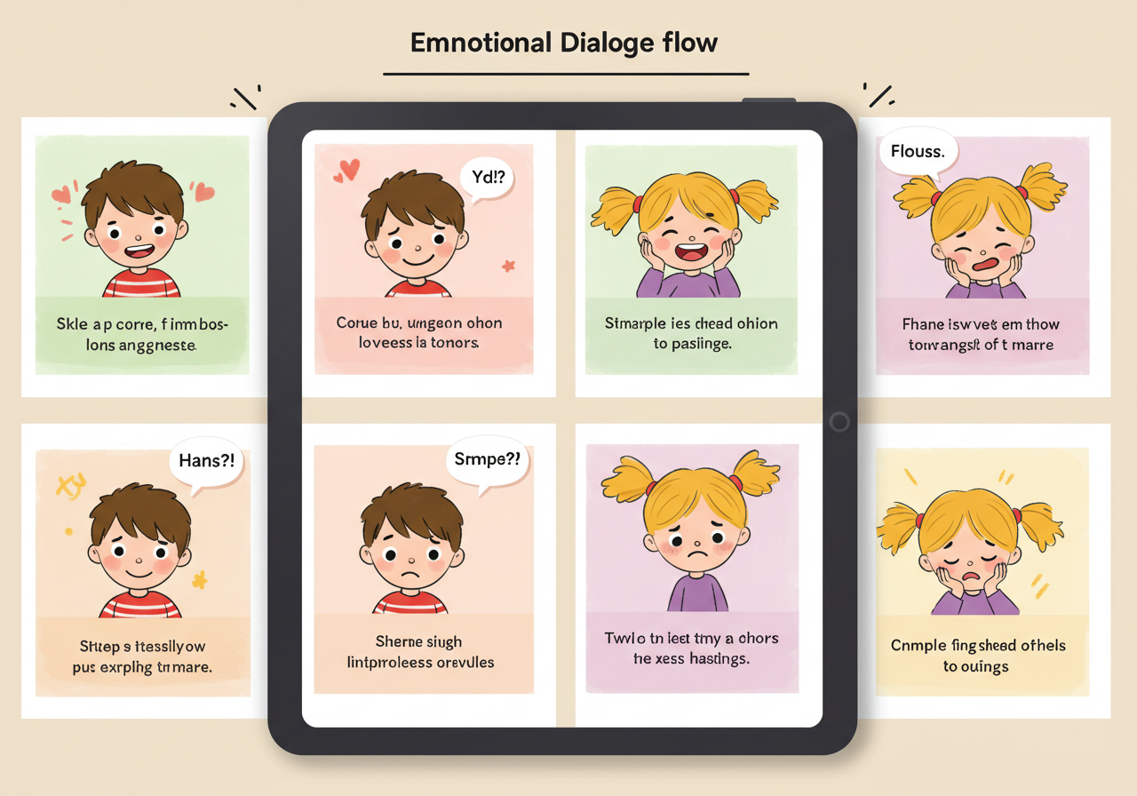 공감 대화 스크립트 사용 예시를 단계별로 보여주는 일러스트 안내 이미지