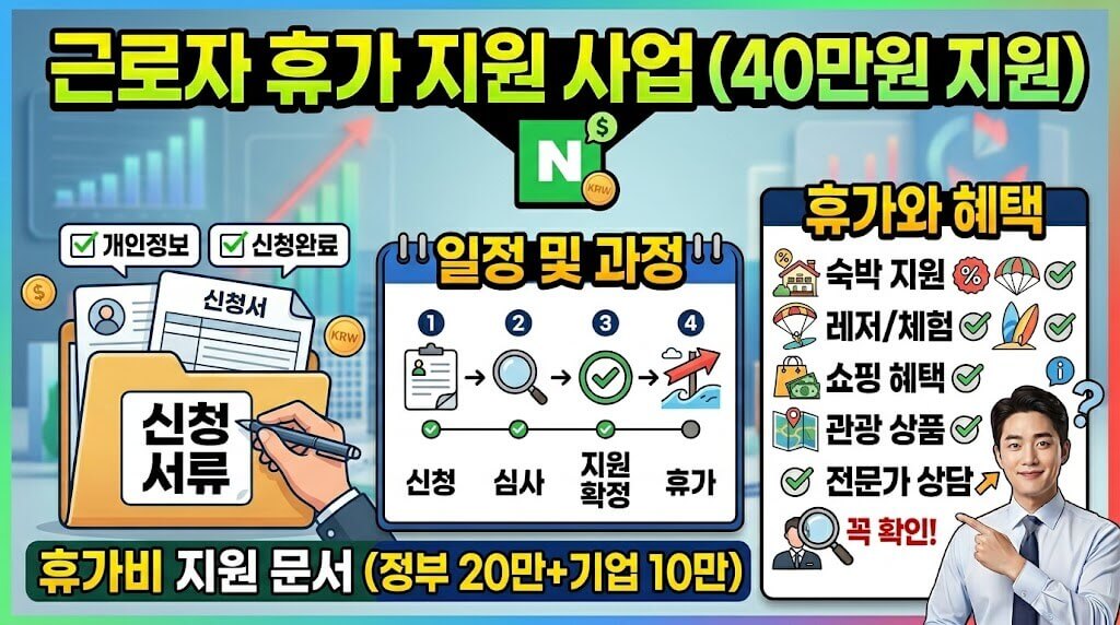 근로자 휴가 지원 사업 관련 이미지, 휴가비 지원 문서, 휴가샵 이용 모습