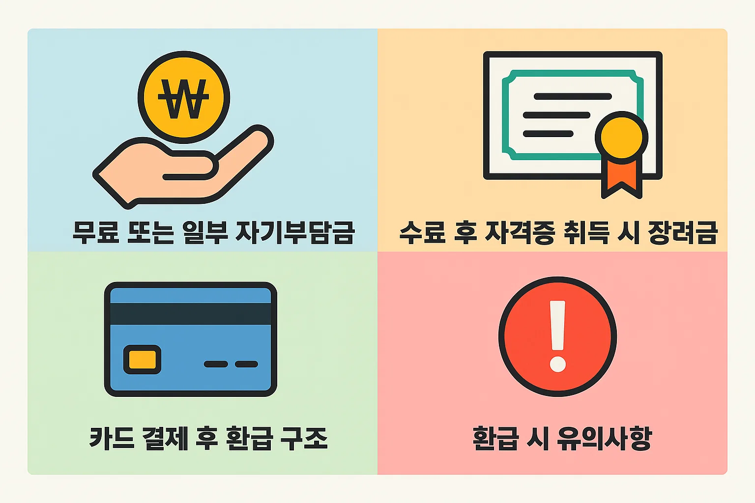 무료 또는 일부 자비부담 구조, 자격증 취득 시 장려금, 카드 결제 후 환급 절차 및 주의사항을 한눈에 볼 수 있는 국비지원 환급 구조 안내 인포그래픽입니다.