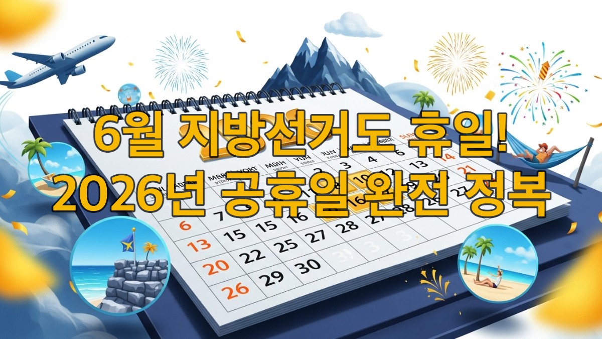 2026년 공휴일 달력에서 황금연휴가 표시된 모습과 여행을 상징하는 아이콘들