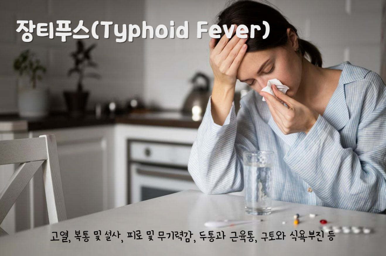 장티푸스(Typhoid Fever)
장티푸스 주요 증상 : 고열, 복통 및 설사, 피로 및 무기력감, 두통과 근육통, 구토와 식욕부진 등