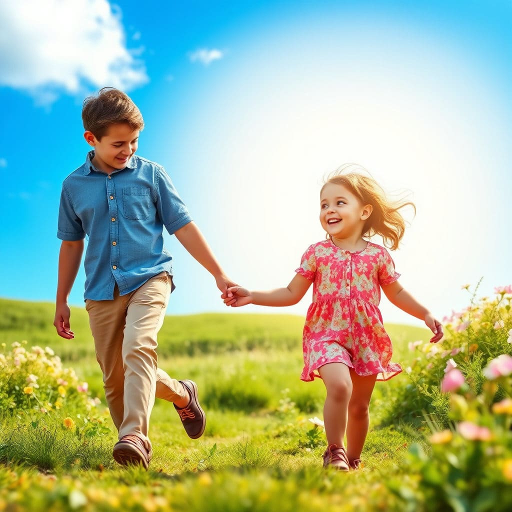 아이가 밝은 미래를 향해 나아가는 모습이나, 아이의 손을 잡고 미래를 바라보는 부모의 모습 등 희망적이고 미래지향적인 느낌을 줍니다.