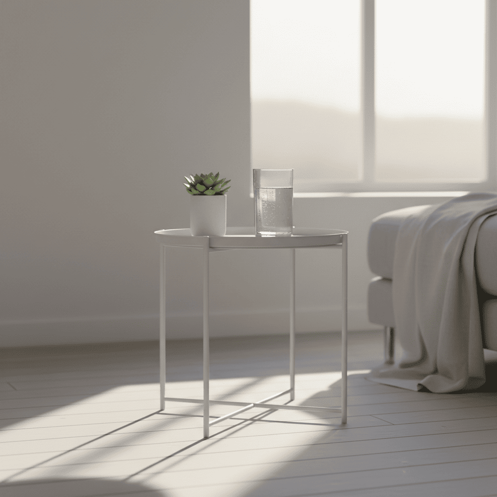 아침 햇살이 들어오는 공간에 놓인 물컵과 조용한 일상 장면