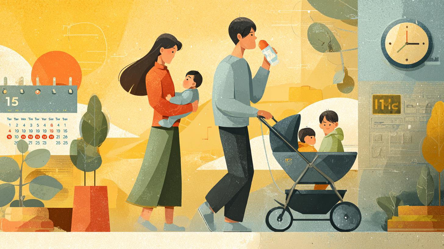 한국 엄마는 집 안에서 아기에게 젖병을 주고 있고, 한국 아빠는 공원에서 유모차를 끌고 있는 장면이 분할 화면으로 구성