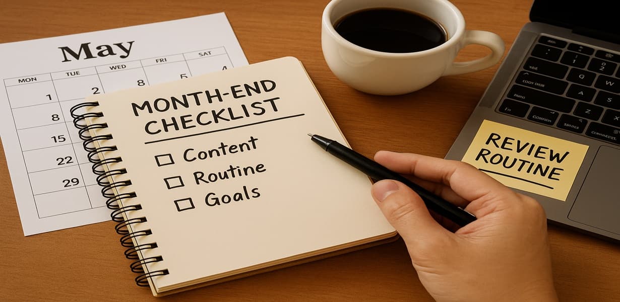 “MONTH-END CHECKLIST라고 적힌 노트와 5월 달력, 체크리스트, 커피잔, 노트북이 함께 놓인 책상 위 장면”