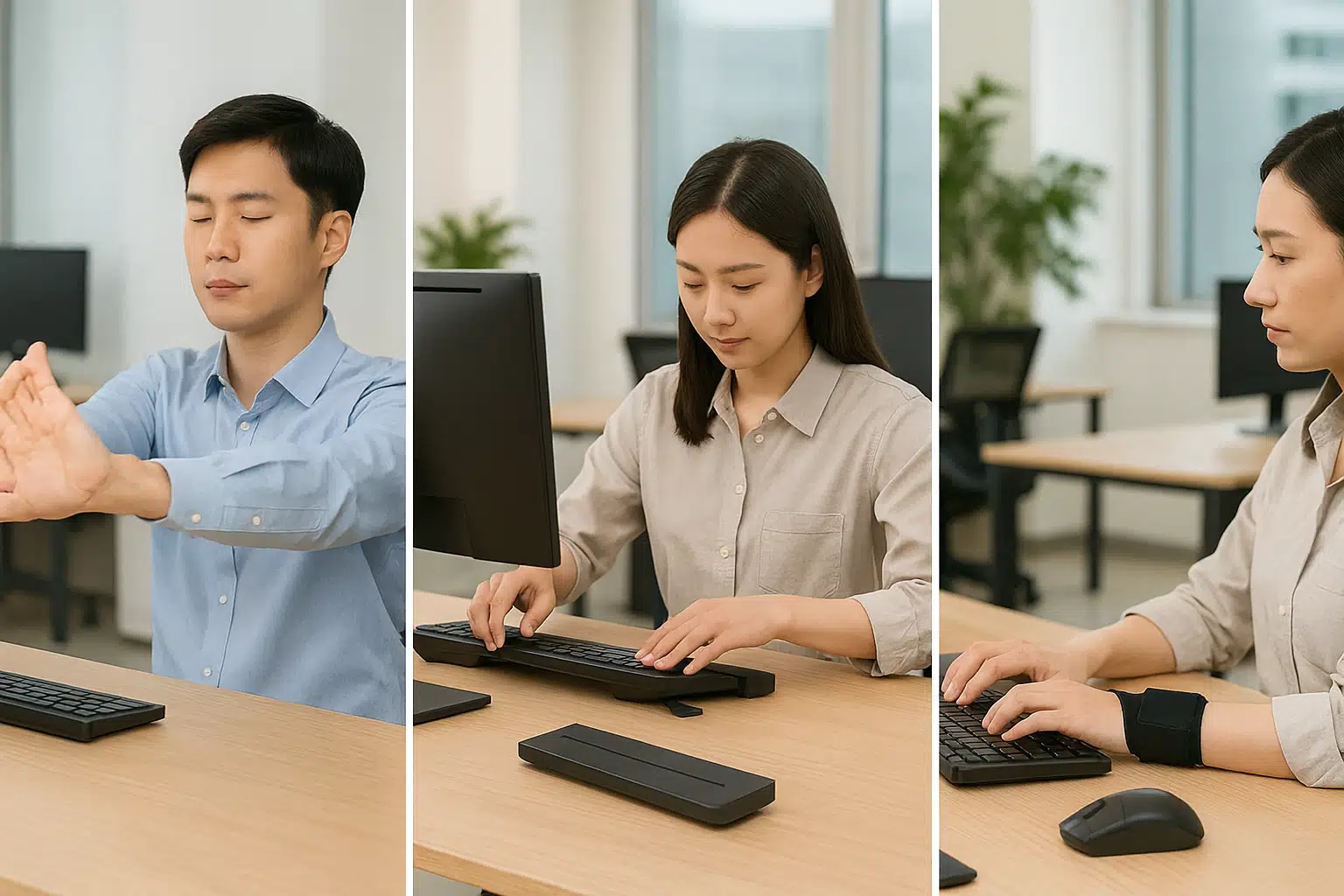 책상 앞에서 손목 스트레칭을 하는 직장인, 키보드 높이 조정과 손목 받침대 사용 장면, 손목 보호대 착용 모습