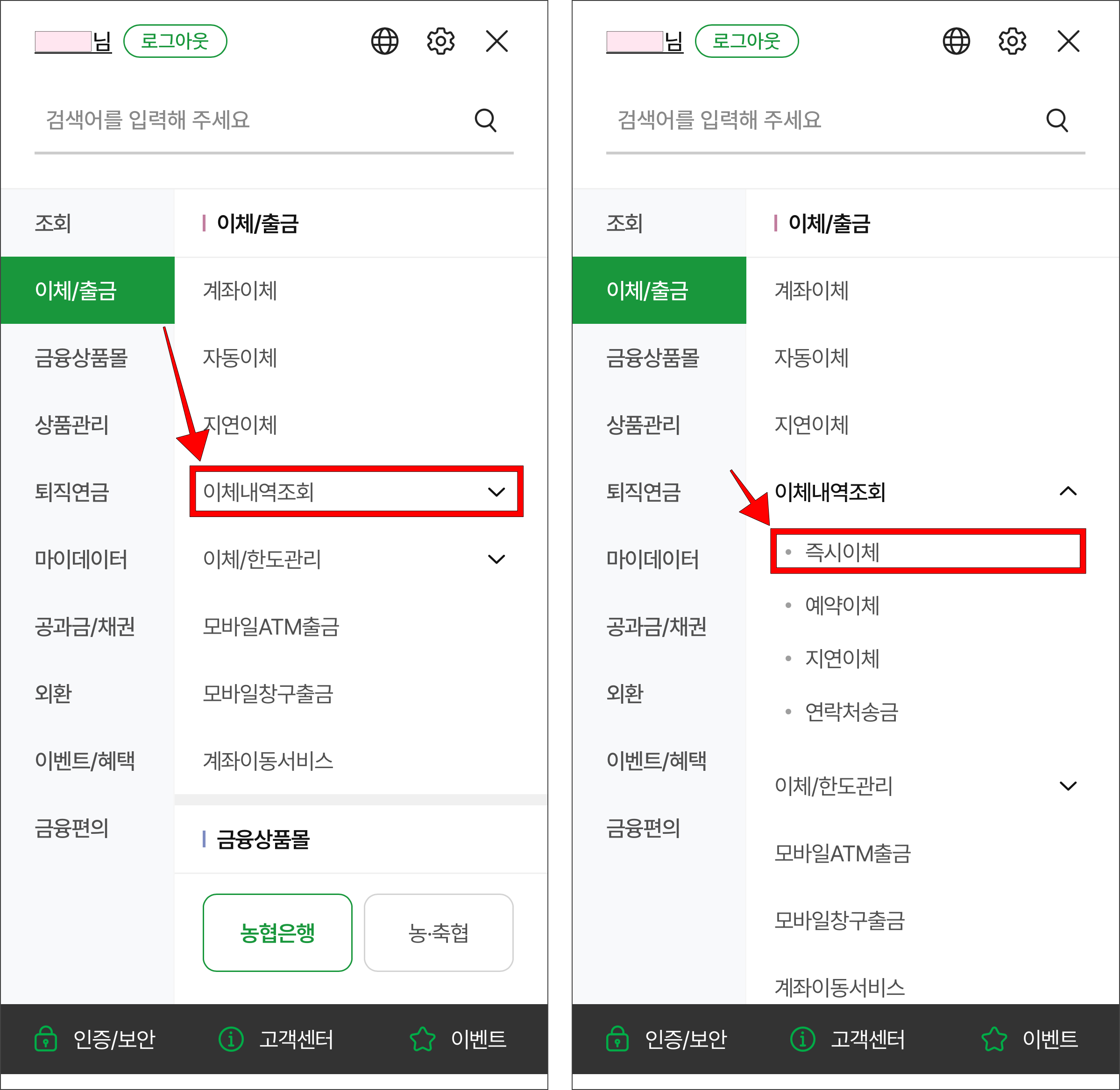 이체/출금 메뉴의 '이체내역조회'를 선택한 뒤, 표시된 메뉴 중 '즉시이체'를 선택