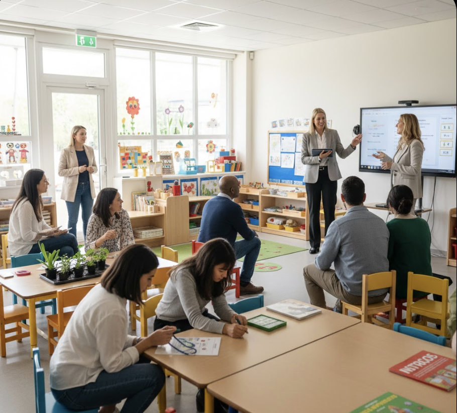 유치원 교실에서 진행되는 설명회에 참석하여 교구와 시설을 꼼꼼하게 살펴보며 메모하고 있는 부모님들의 모습