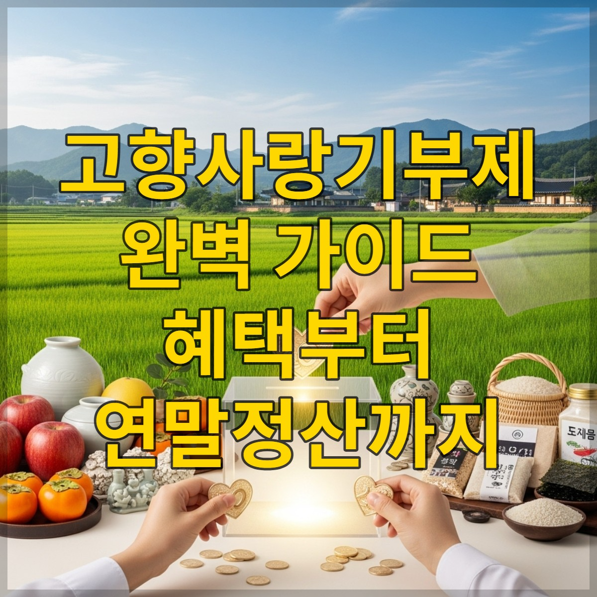 고향사랑기부제의 따뜻한 마음과 지역 경제 활성화를 상징하는 이미지. 푸른 논밭과 전통 가옥을 배경으로, 손들이 하트 모양 동전을 기부함에 넣고 있으며, 주변에는 다양한 지역 특산물이 놓여 있습니다. 희망과 공동체 정신이 느껴지는 모습입니다.