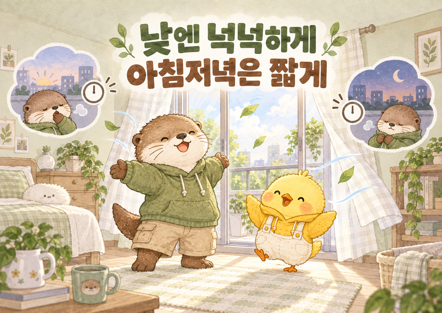 환절기에는 낮에 넉넉하게 아침저녁은 짧게 환기하는 방법을 설명한 이미지