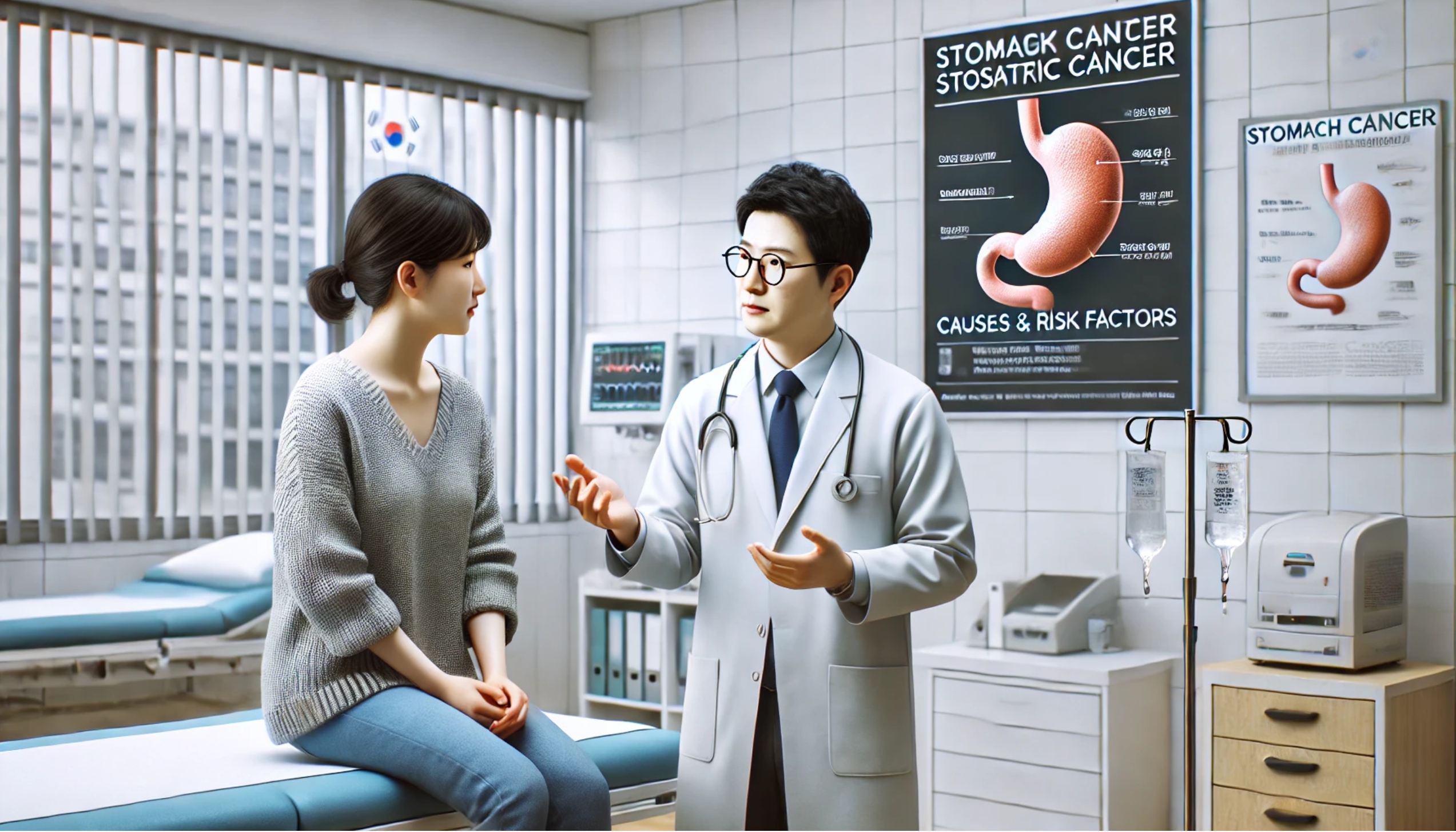 환자에게 위암의 원인과 위험 요소를 설명하는 모습
