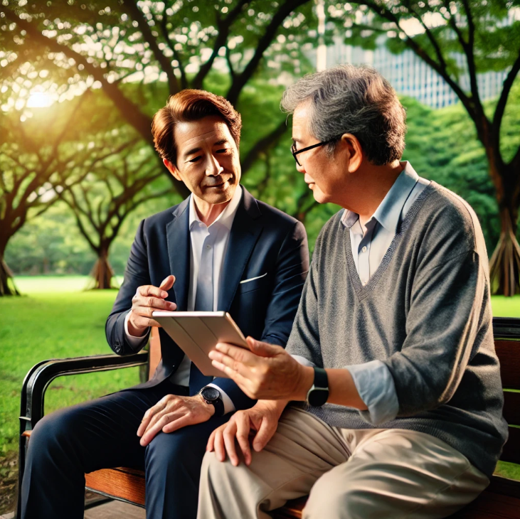 공원에서 전문가로부터 금융 조언을 받는 노인