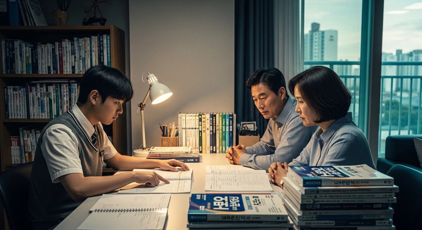 고등학생과 부모가 학생부 기록을 보며 상담하는 장면
