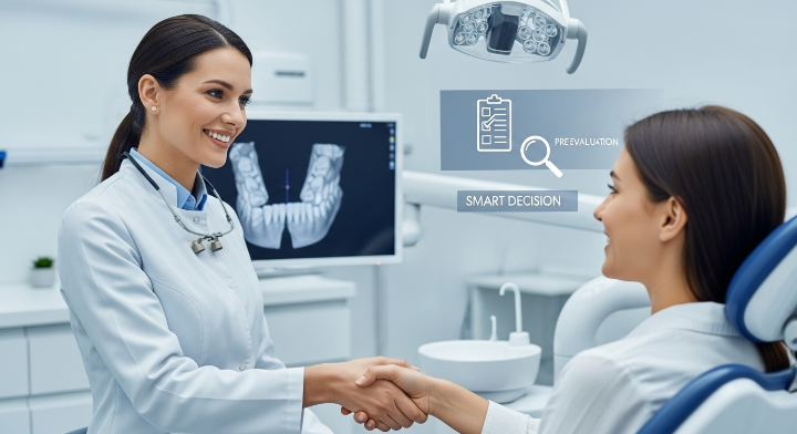 2025년 치아교정 시작 전, 의료진과 환자가 신뢰를 바탕으로 상담하는 모습. 전문적인 치과 환경에서 치아교정 사전 점검의 중요성을 강조합니다.