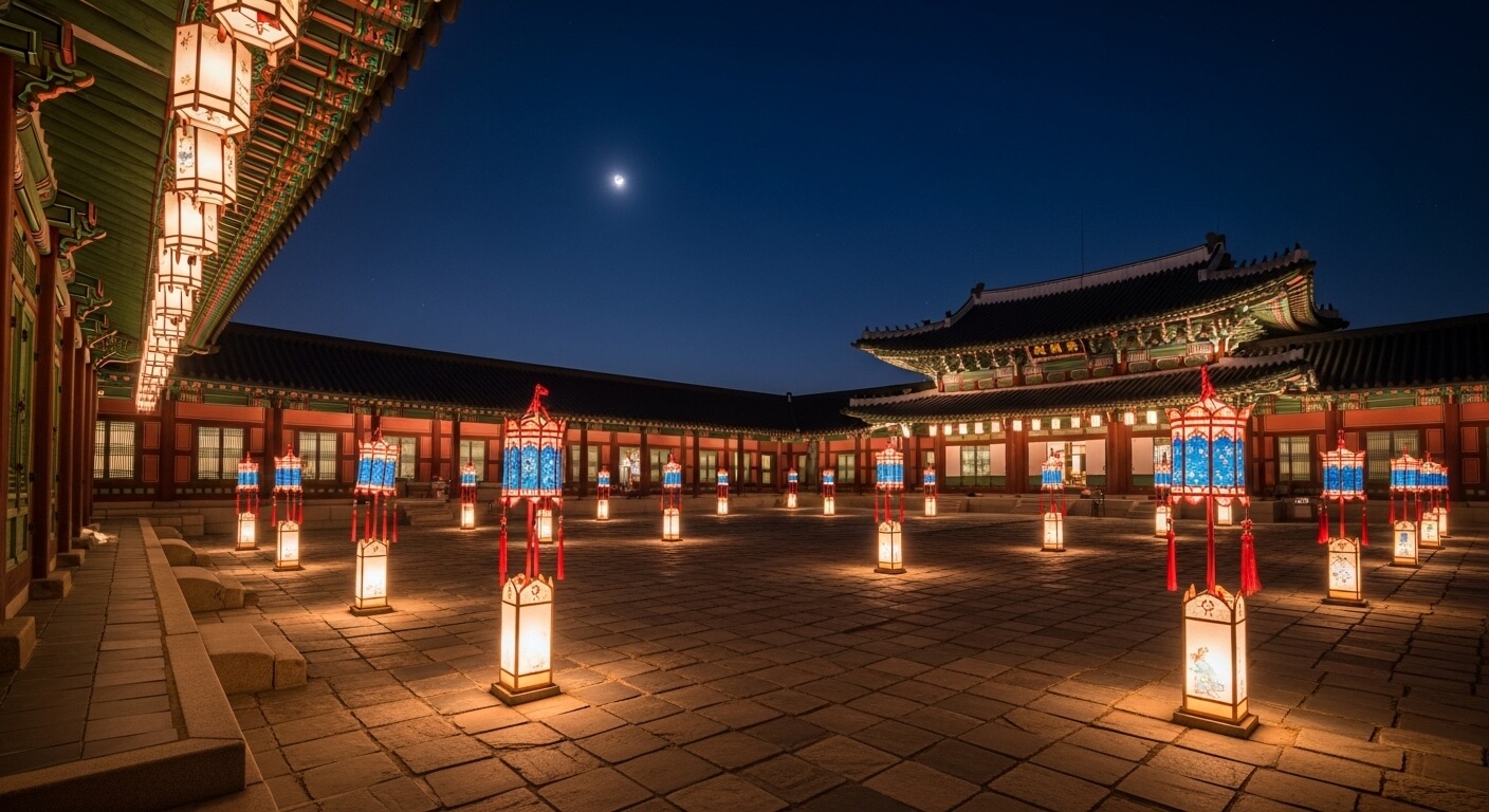전통 궁궐 마당에 등이 밝혀진 야간 풍경