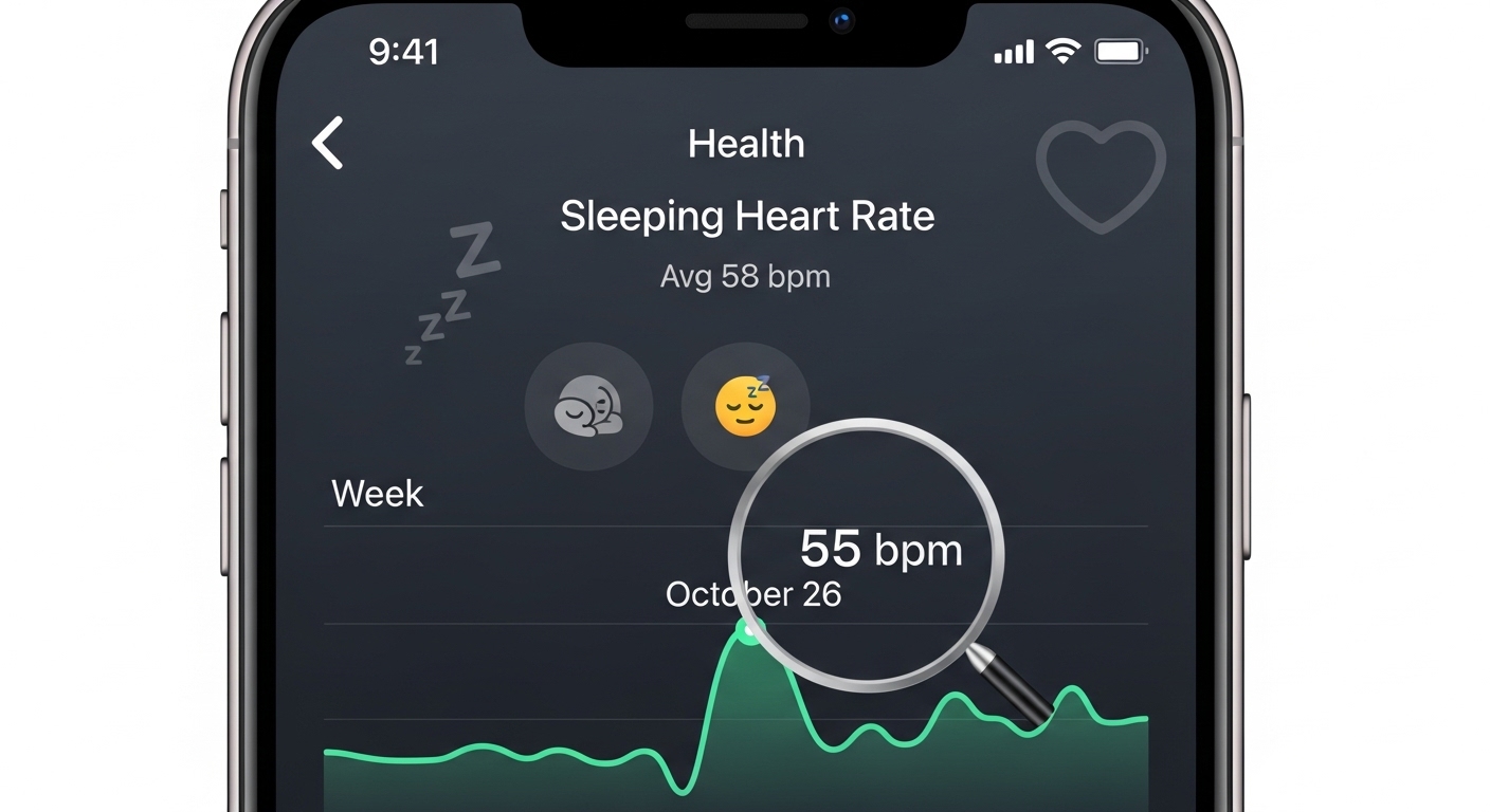 애플워치 건강 앱의 수면 중 심박수 그래프 화면. 돋보기 아이콘이 특정 심박수 수치를 가리키고 있다.