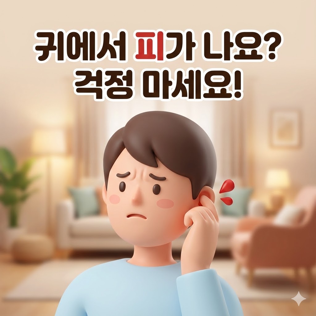 귀에서 피가 나서 걱정하는 사람이 귀를 만지는 3D 카툰 일러스트. '귀에서 피가나요? 걱정 마세요!'라는 문구가 강조되어 있다.