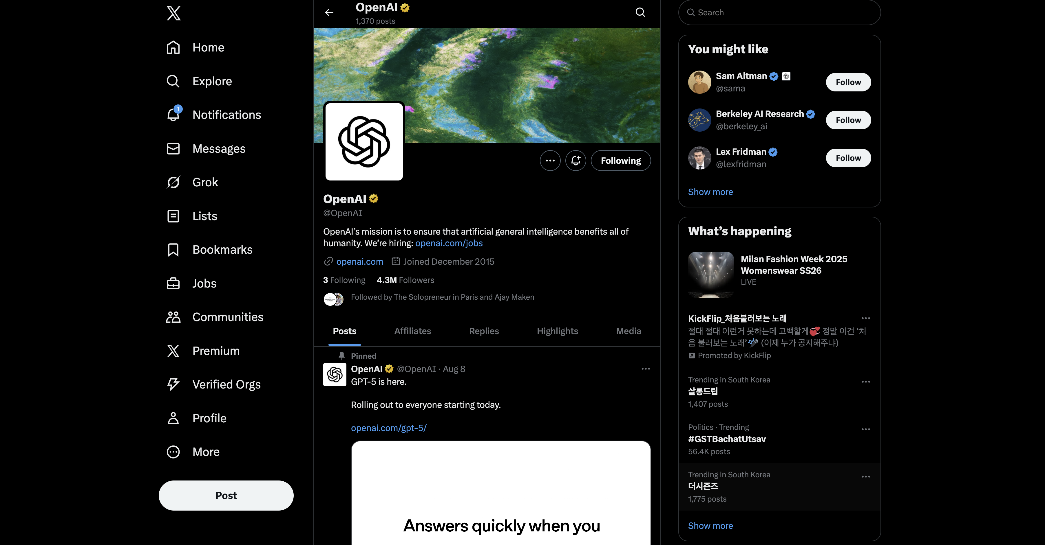 X에서의 @OpenAI 공식 계정 랜딩페이지 ❘ https://x.com/