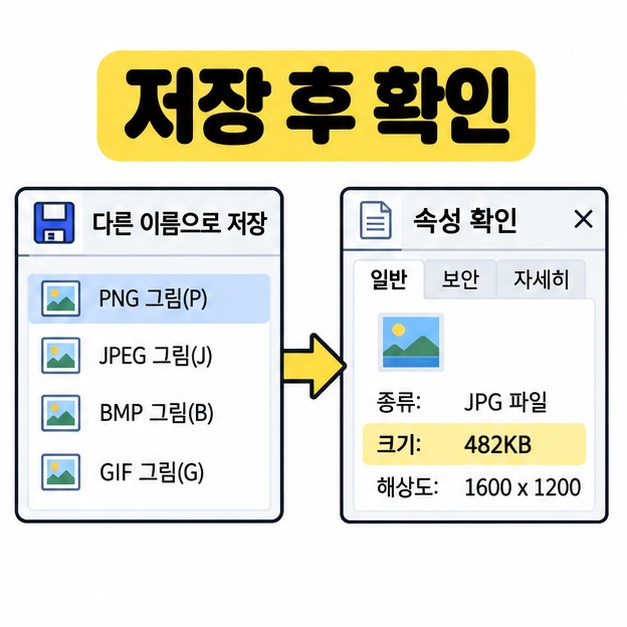 다른 이름으로 저장 메뉴와 파일 속성에서 크기 482KB를 확인하는 예시 그림