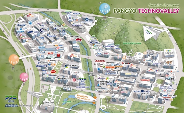 판교 테크노밸리 입주기업 사진으로, 다음, 넥슨 등 IT 공룡들이 대거 밀집해 있음