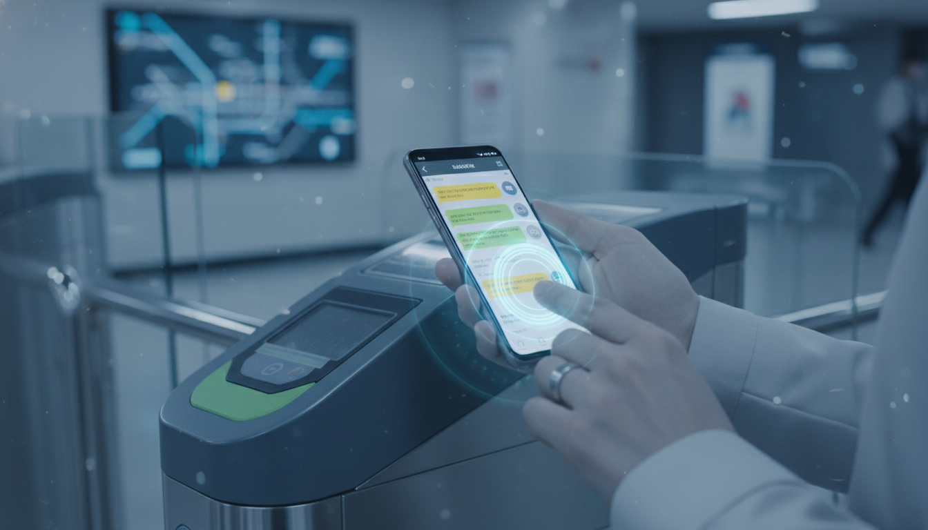 카카오톡 대화 화면과 삼성페이 교통카드 결제 장면이 동시에 보이는 스마트폰을 사용하는 모습. 대화 백업과 교통카드 오류 해결의 중요성을 시각적으로 나타냄.