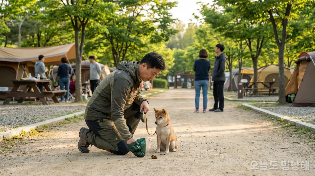 한국 캠핑장에서 반려견 배변을 처리하는 보호자
