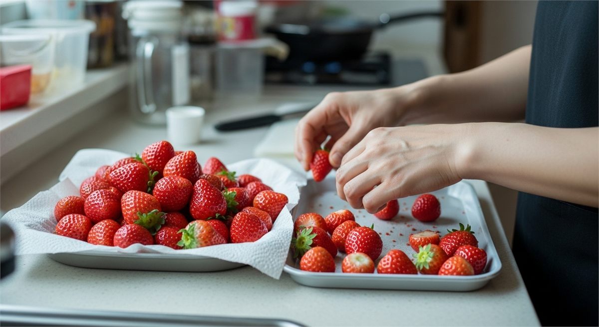 보관 전에 상한 딸기를 따로 골라내는 주방 장면