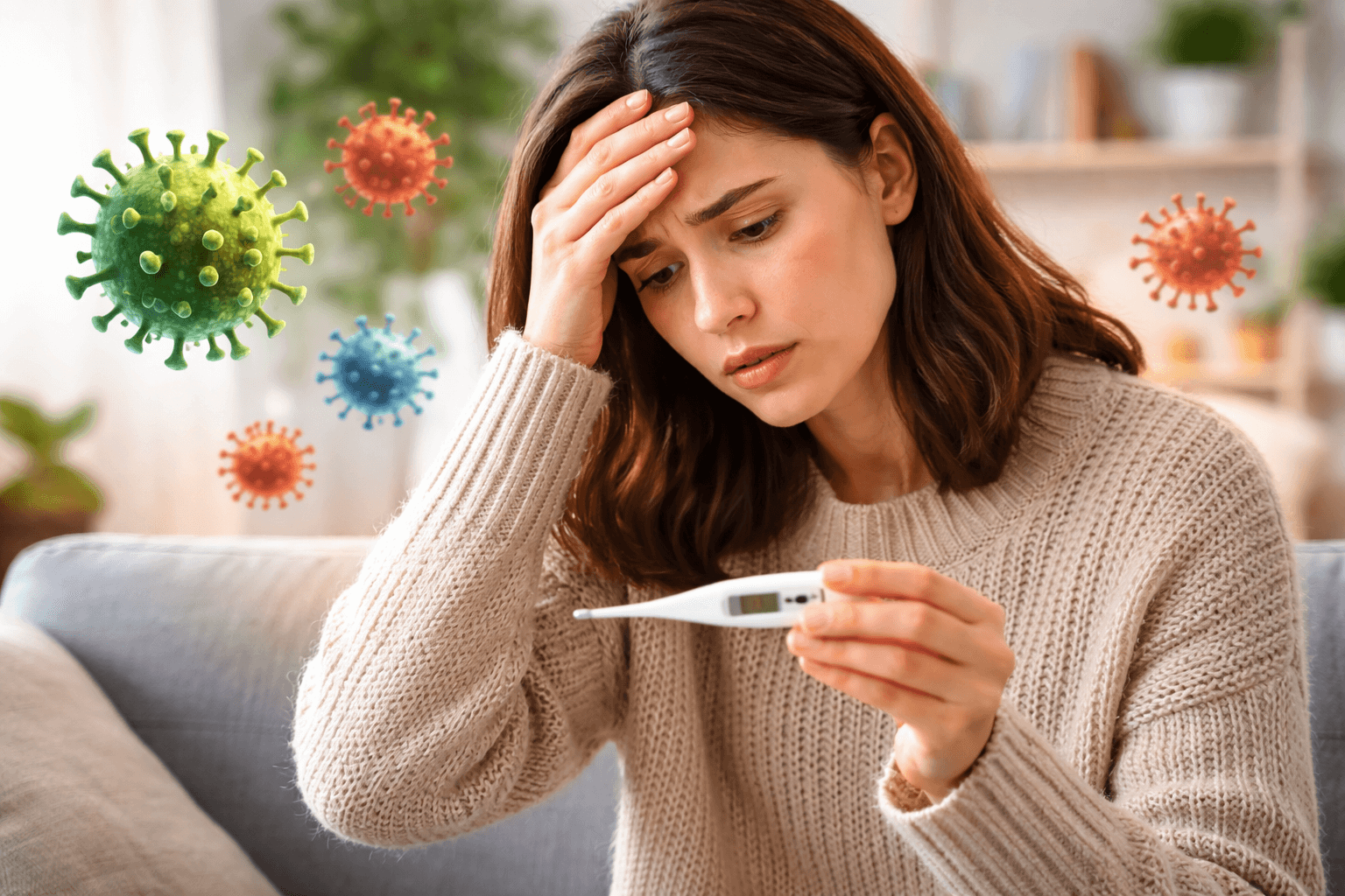 고열로 인해 체온계를 확인하며 독감인지 코로나인지 걱정하는 30대 여성의 이미지