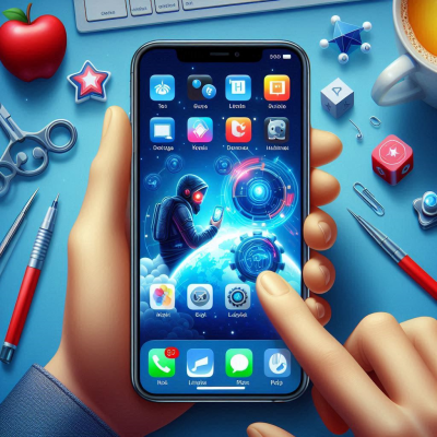 스마트폰 화면 속 미래 기술을 조작하는 손의 디지털 인터페이스