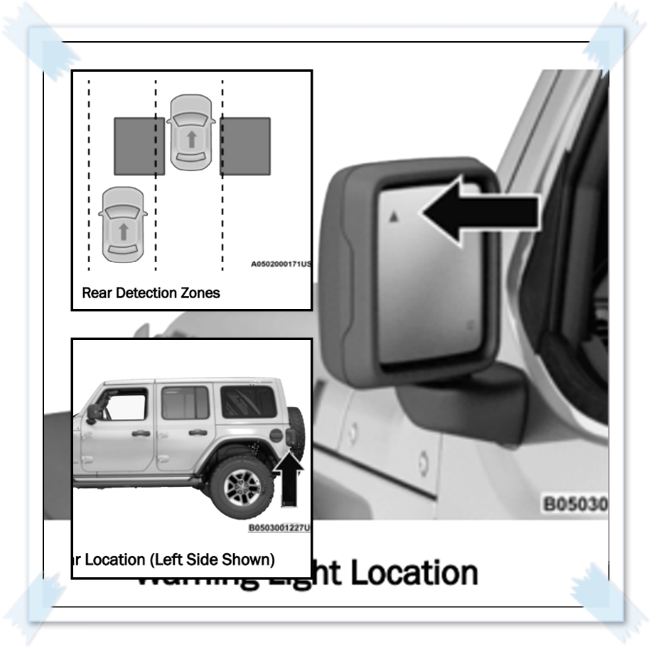 지프 랭글러 사이드 미러 BSM 사각지대 모니터링 시스템 황색 삼각형 경고등
